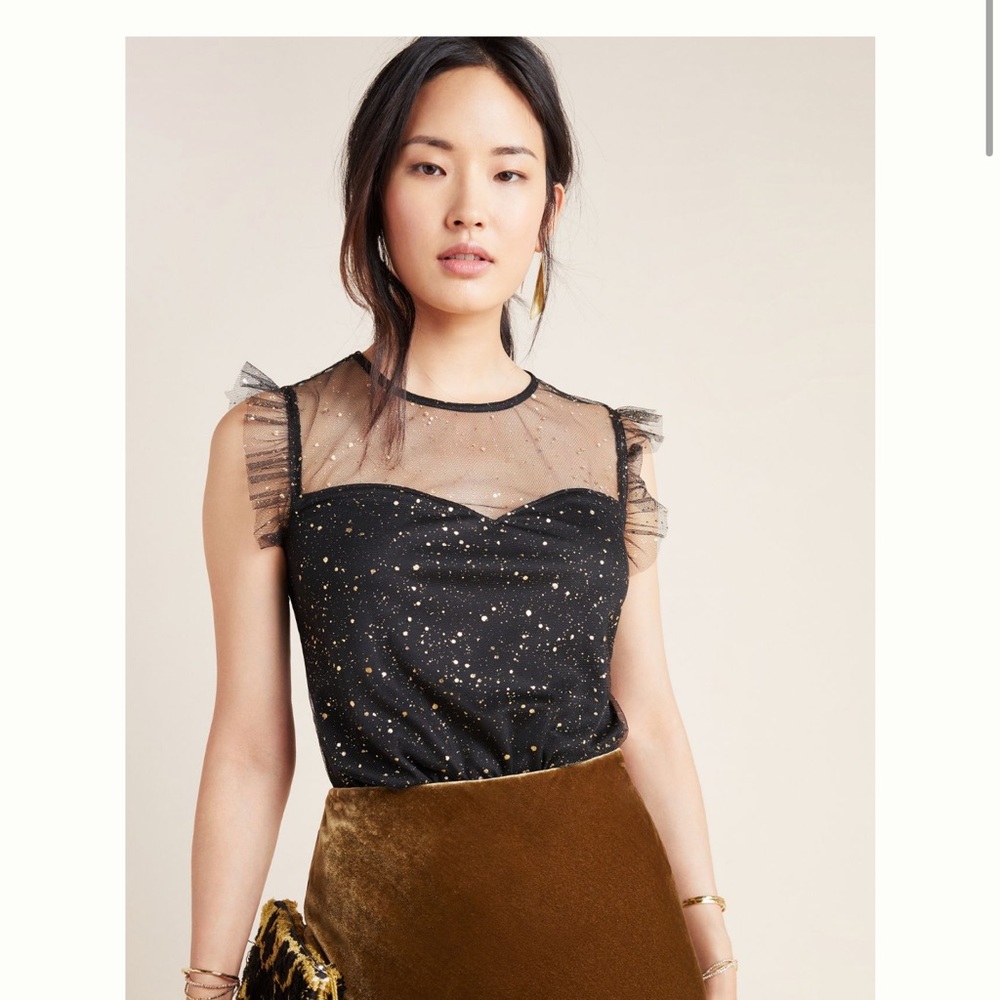 Eva Franco Black Sheer Glitter Dot Ruffle Sleeve Top